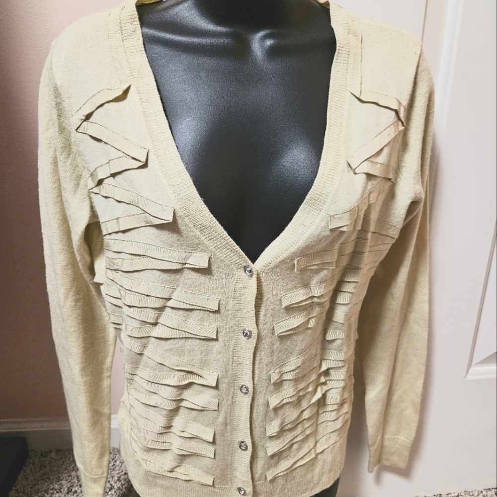 New York & Company Green Cardigan Sweater with Ribbon Details